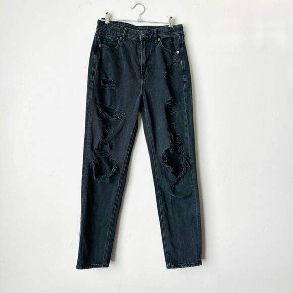 American Eagle stretchy distressed ripped black Mom jeans woman’s size 2 - Picture 1 of 11